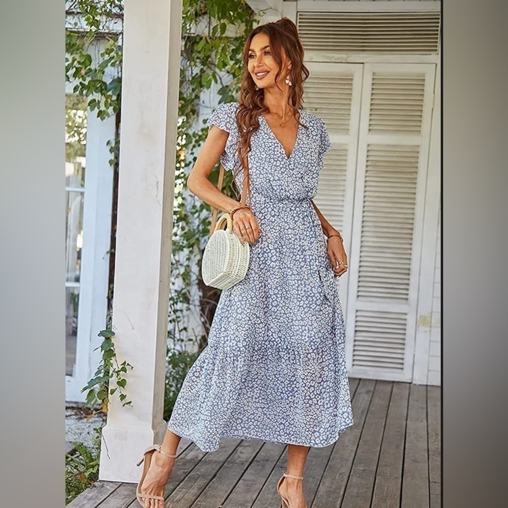 Pretty Garden Blue Floral Midi Dress.  Size Small - Picture 2 of 12